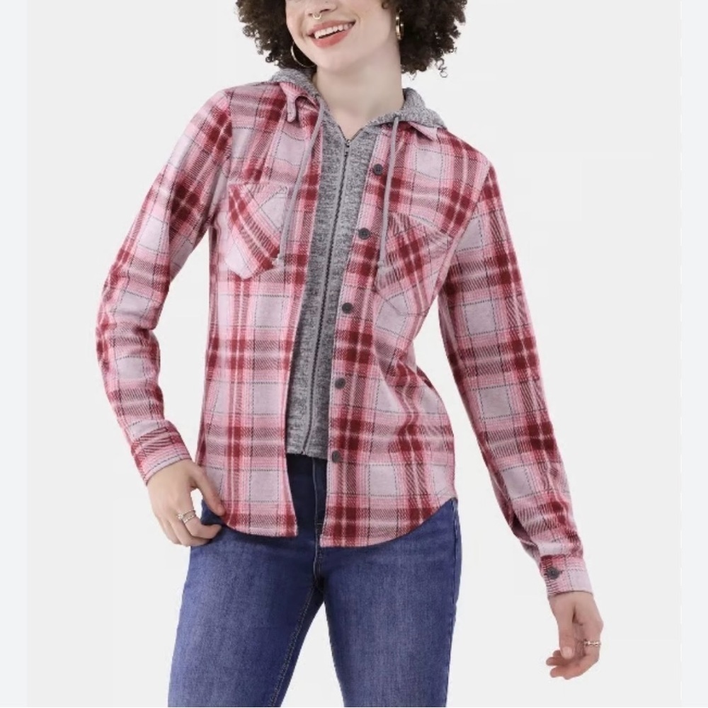 No Boundaries Pink & Gray Plaid Hooded Button & Zip Flannel Shirt Size Large